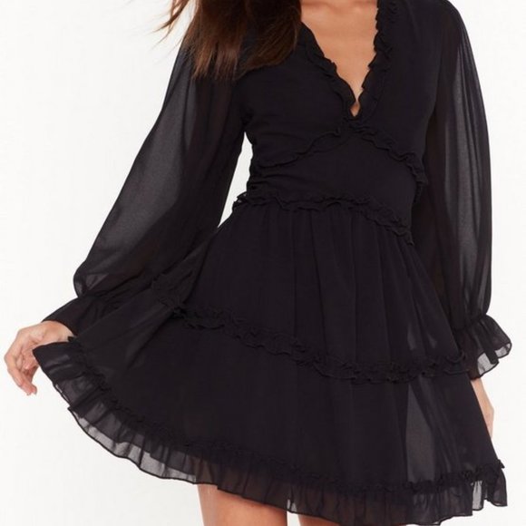 NastyGal Black Ruffle Mini Dress